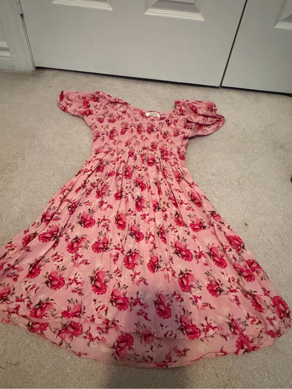 Girls Pink Floral Puff-Sleeve Casual Dress with Smocked Bodice